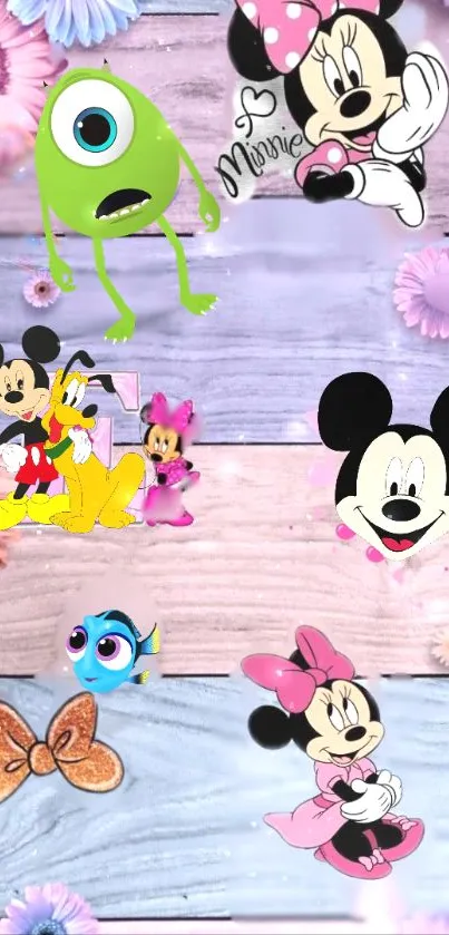 Disney characters with flowers wallpaper, featuring Mickey and Minnie Mouse.