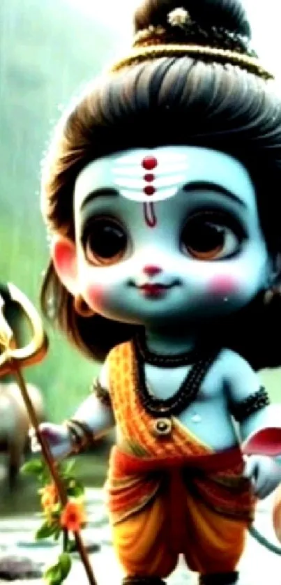 Adorable divine baby with trident and cow on a vibrant background.