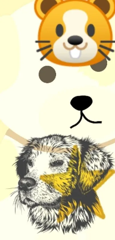 Cartoon bear with realistic dog illustration.