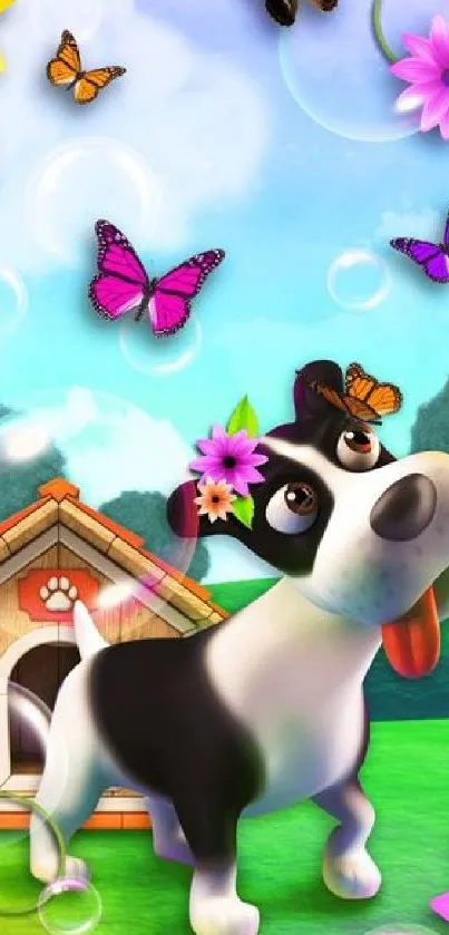 Cute animated dog with butterflies and flowers in a colorful nature setting.