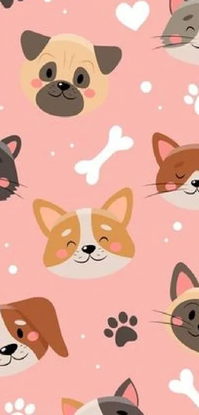 Cartoon dog and cat faces on a pink background wallpaper.