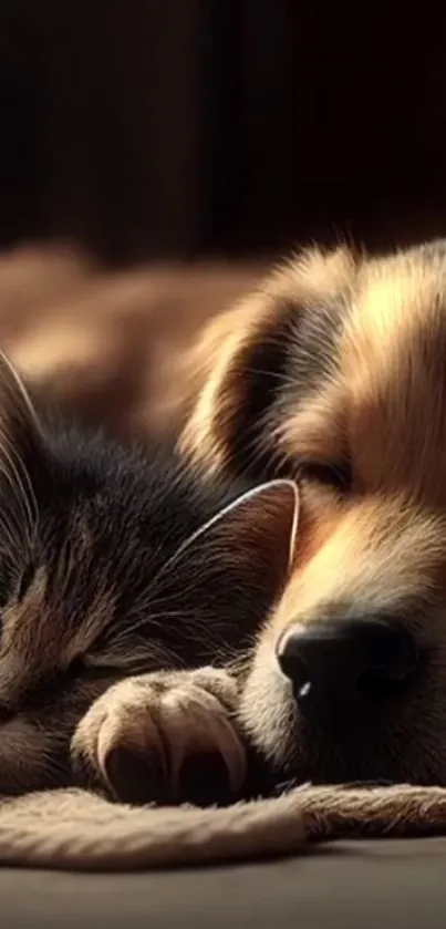 Adorable cat and dog snuggling peacefully on a cozy blanket.