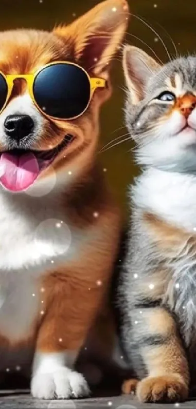 Cute dog with sunglasses and kitten mobile wallpaper.