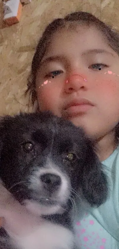 Young girl with adorable black and white puppy, smiling at the camera.