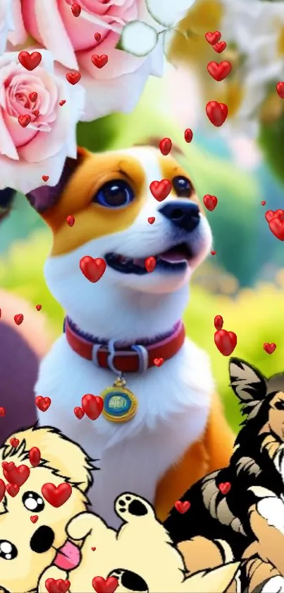 Cute dog surrounded by hearts and flowers.