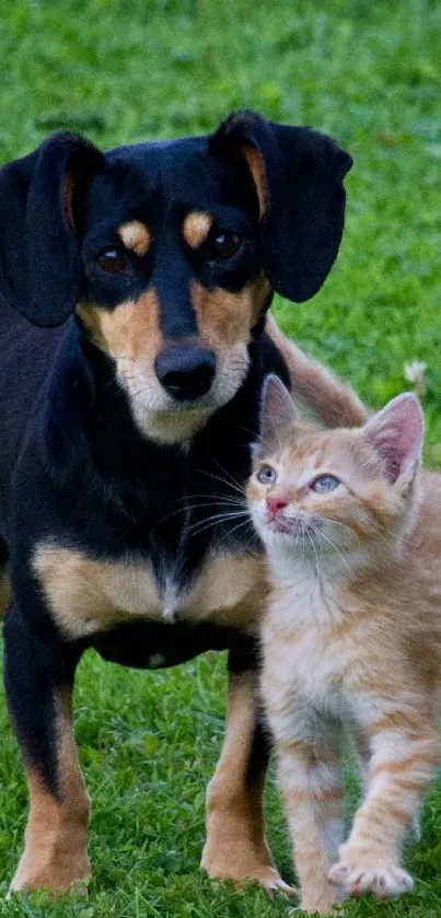 Friendly dog and kitten on green grass wallpaper.