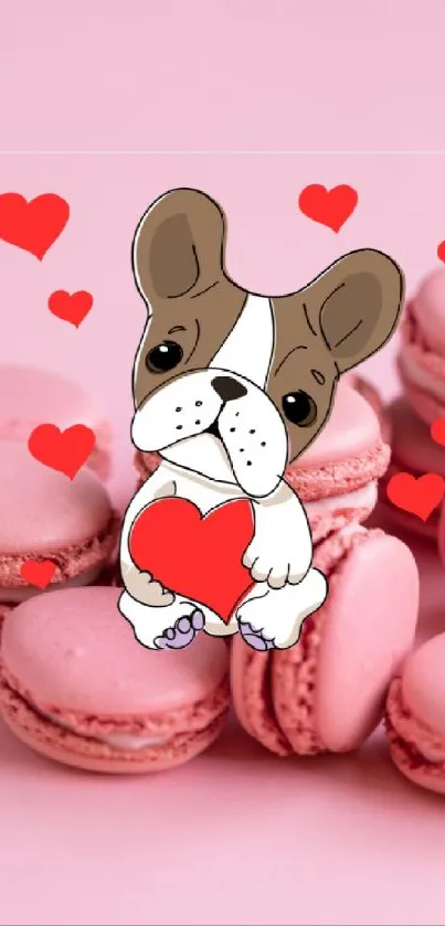Cartoon dog with macarons and hearts on a pink background.