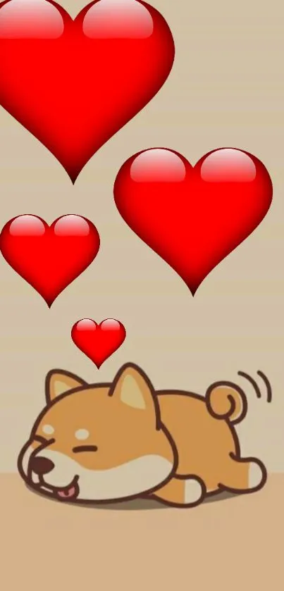 Cute cartoon dog with red hearts on a beige background.