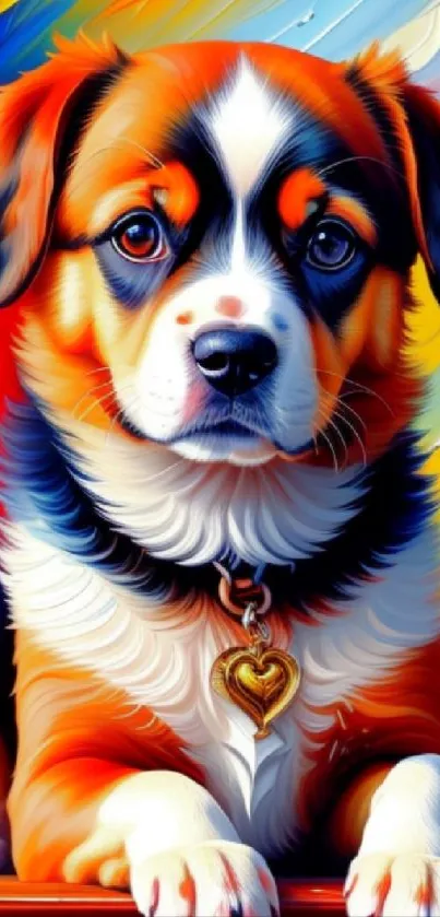 Digital art of a cute puppy with a heart necklace on a vibrant background.