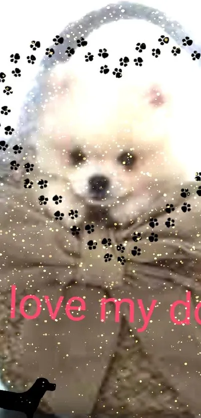 Fluffy puppy in a basket with 'I love my dog' text and paw prints.