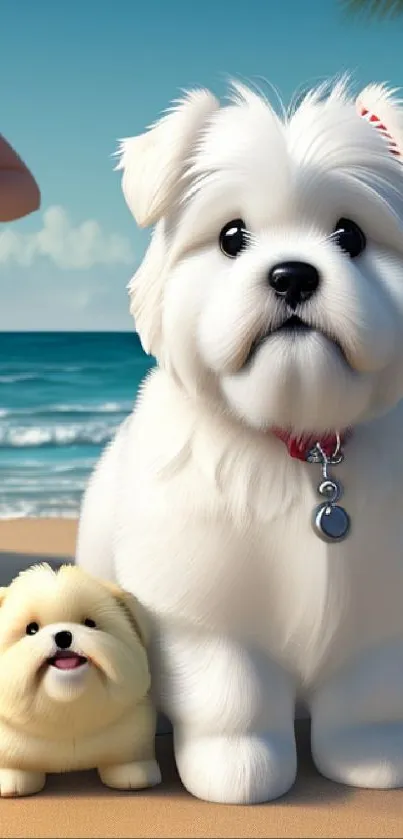 Adorable white dogs on a beach with a woman and palm tree in the background.