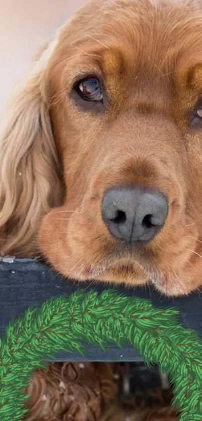 Cute brown dog with a green wreath peeking over a fence.