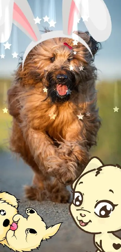 Cute dog wearing bunny ears with cartoon puppies on a lively background.