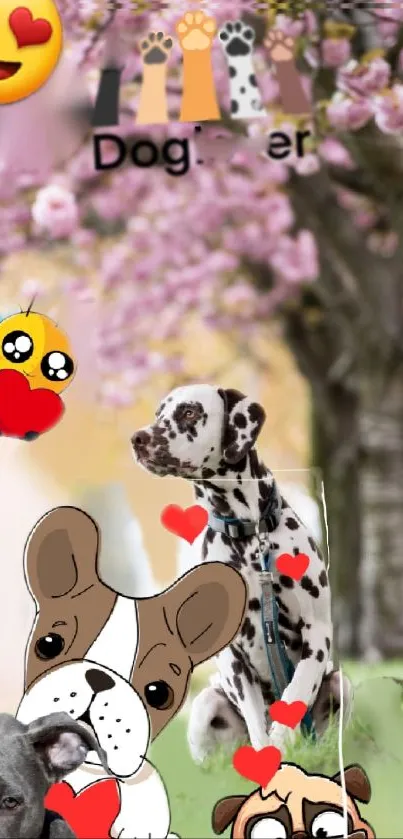 Whimsical cartoon dog wallpaper with hearts and cherry blossom.