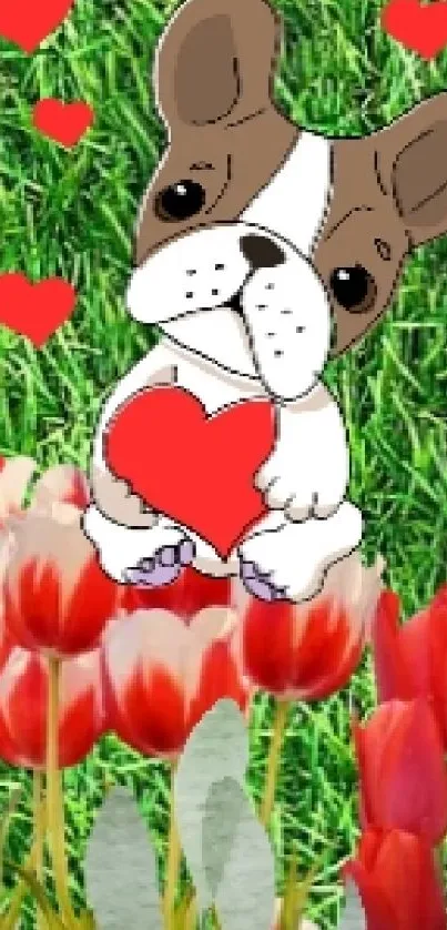 Cartoon dog holding heart with tulips and grass.