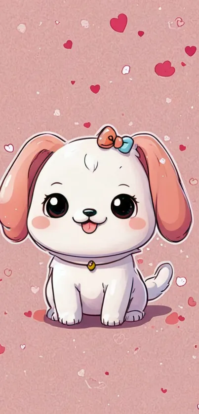 Cute cartoon puppy with pink background and hearts.