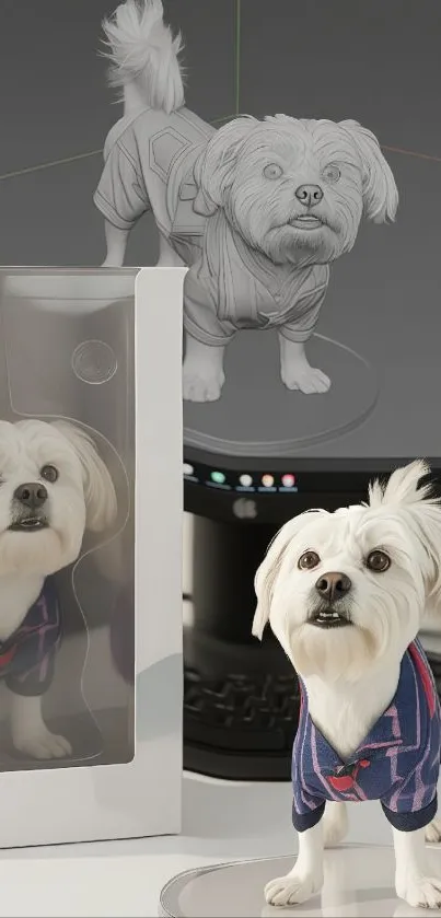 Cute dog figurine in a stylish outfit on a desk