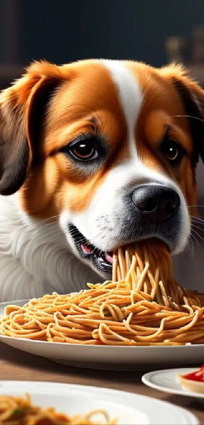 An adorable dog eating spaghetti at a table in vibrant digital art style.