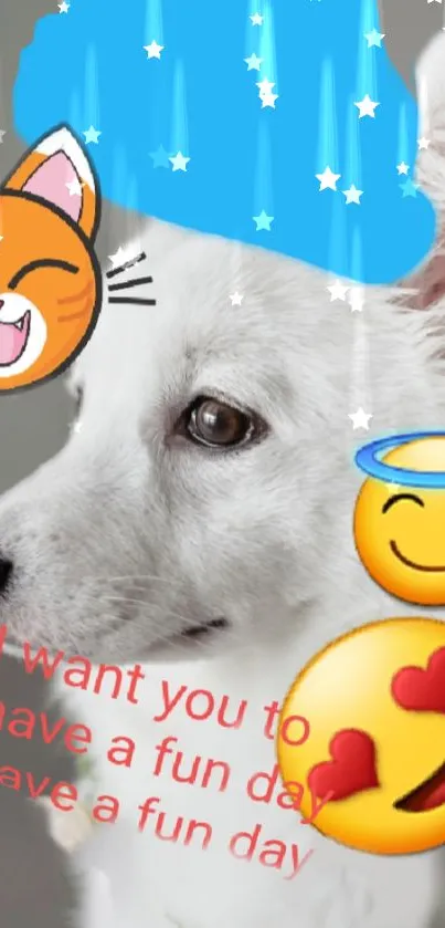 Cute white dog with animated emojis and fun text.