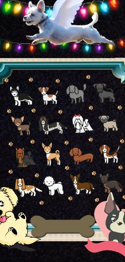 Cute dog holiday wallpaper with festive lights and various dog breeds.