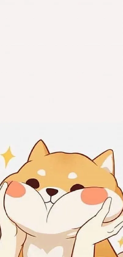 Cute Shiba Inu illustration with blushing cheeks on a mobile wallpaper.