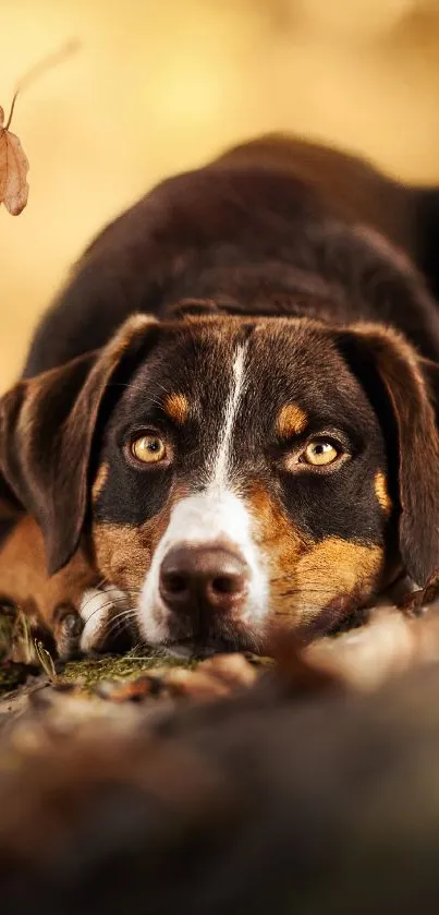 Dog resting on brown leaves in autumn setting