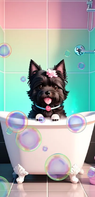 Cute black dog in bathtub with pastel bathroom tiles.