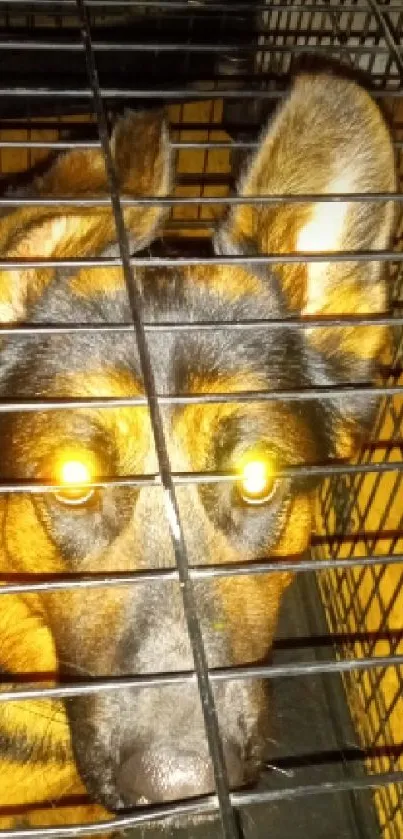 Dog in cage with glowing eyes at night, set as wallpaper.