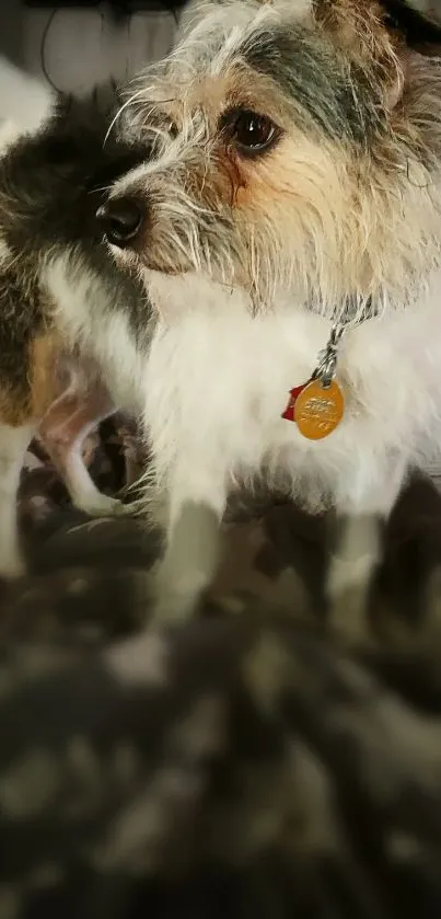 Adorable fluffy dog with collar on a cozy backdrop.