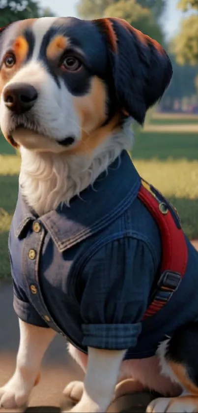 Adorable dog wearing denim shirt in a park setting.