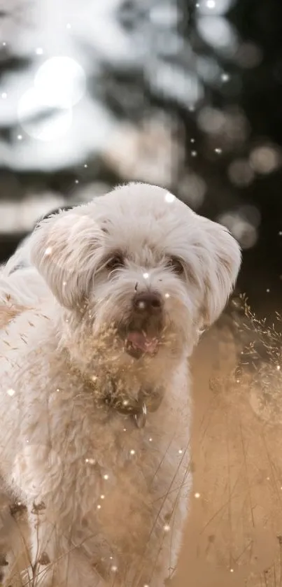 Fluffy white dog standing in a sparkling wheat field with a dreamy atmosphere.