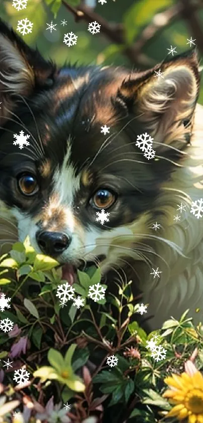 Cute long-haired dog peeking through vibrant flowers with snowflake accents.