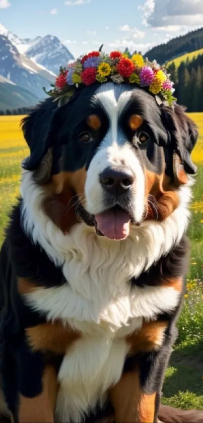 Dog with flower crown in a yellow field with mountains.