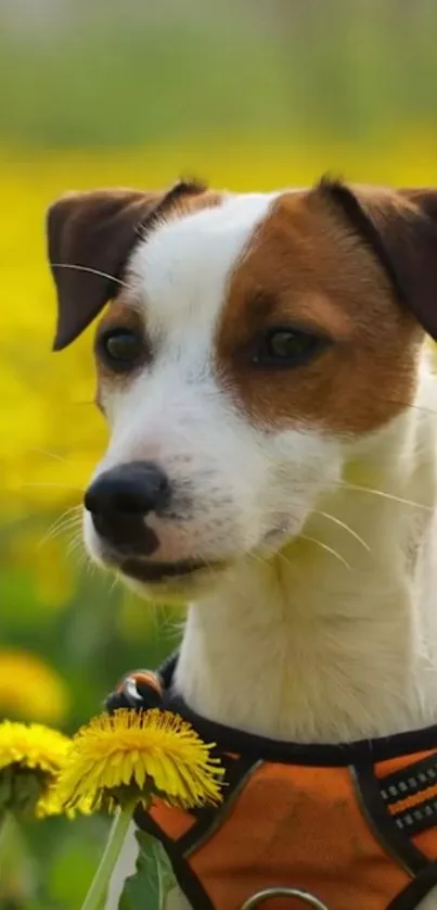 Adorable dog in a field of yellow flowers enjoying nature.