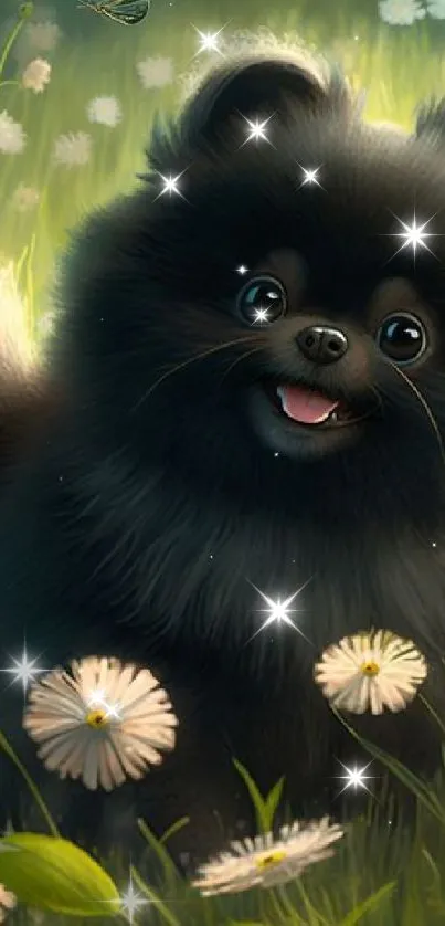 Fluffy black dog in a field with flowers and butterflies.