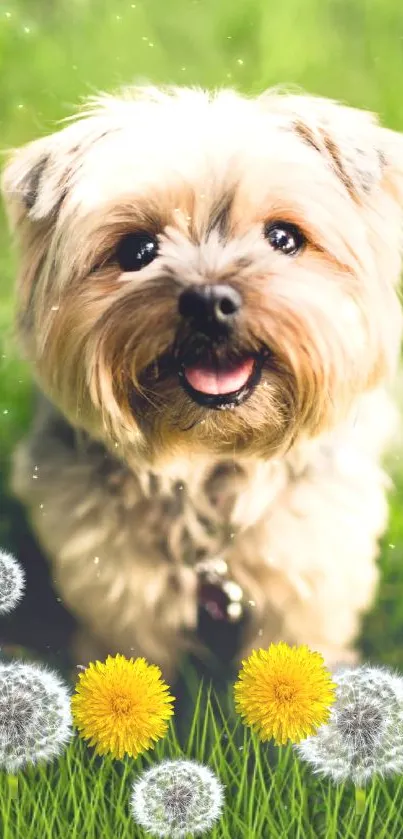 Adorable dog sitting in green grass with vibrant dandelion flowers.