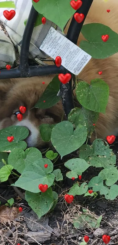 Cute dog hiding in a lush garden setting, surrounded by greenery.