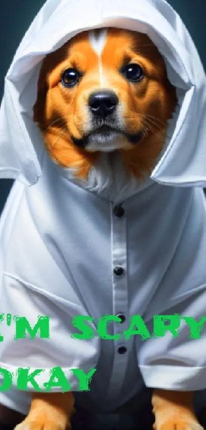 Cute dog in a ghost costume with funny text, perfect for phone wallpaper.