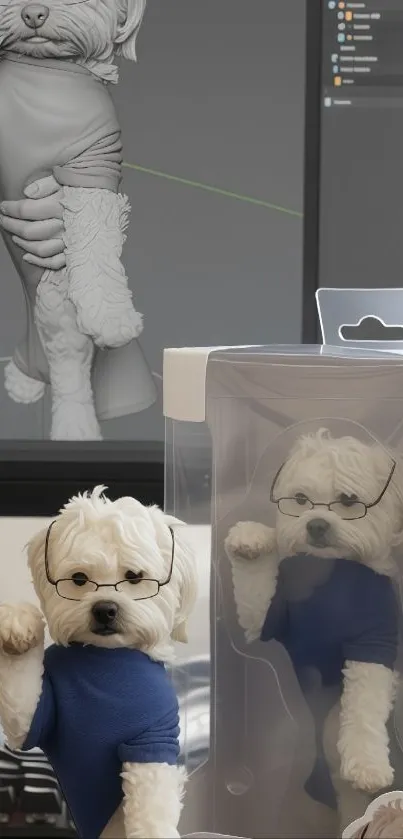 Cute dog wearing glasses in a box, with grey background.