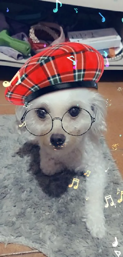 Cute dog in glasses and a red plaid hat on a cozy rug.