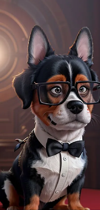 Charming dog wearing glasses and tuxedo, set against a cozy backdrop.