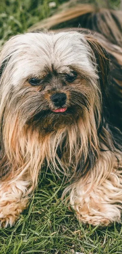 Fluffy dog lying on green grass, perfect for pet-themed mobile wallpaper.