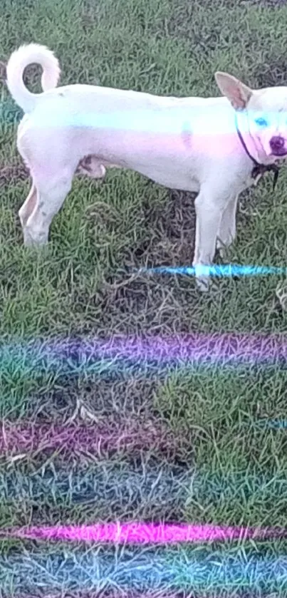 A cute white dog stands on green grassy field with colorful pastel streaks.