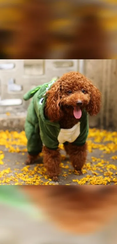 Brown poodle wearing green costume with yellow petals on the ground.