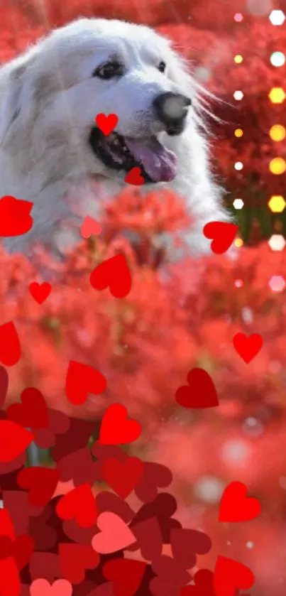 Dog in red flower field with hearts.