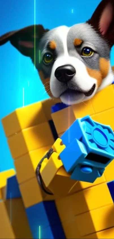 Cute dog in colorful Lego armor with bright yellow bricks.