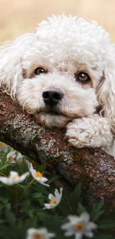 Fluffy white dog resting on a tree branch with flowers.