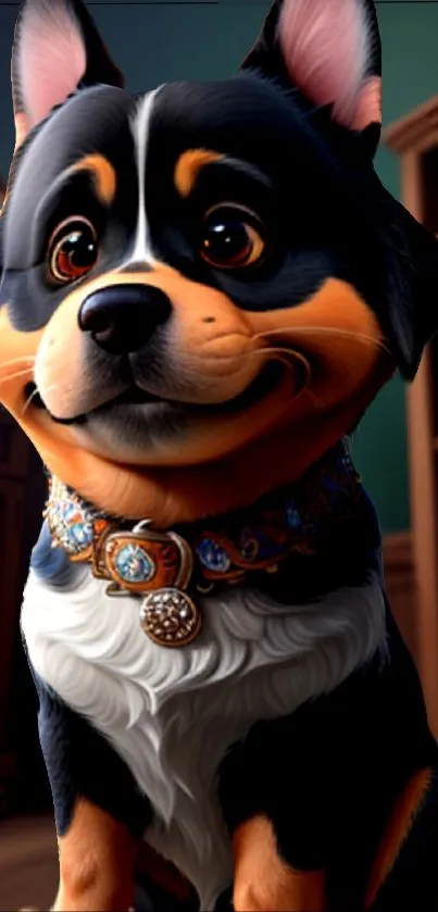 Cute dog with ornate collar in a regal, cozy setting.