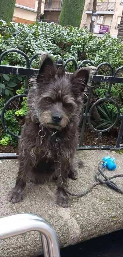 Scruffy dog in park by a fence with a leash.