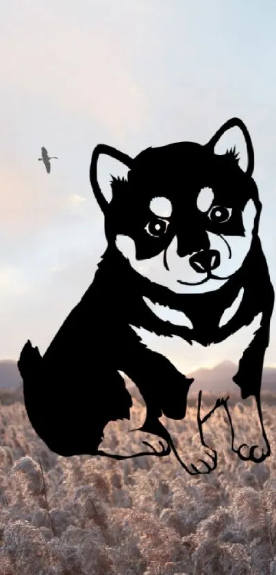 Silhouette of a dog in a pastel field with a scenic background.